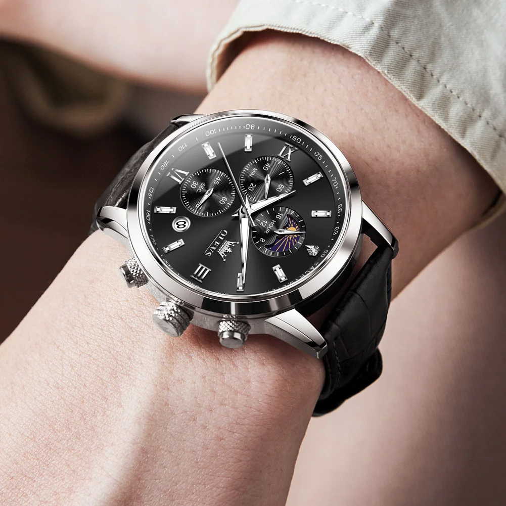 

OLEVS модные кварцевые часы для мужчин серебристо-черный циферблат водостойкий светящийся хронограф мужские часы лучший бренд класса люкс наручные часы