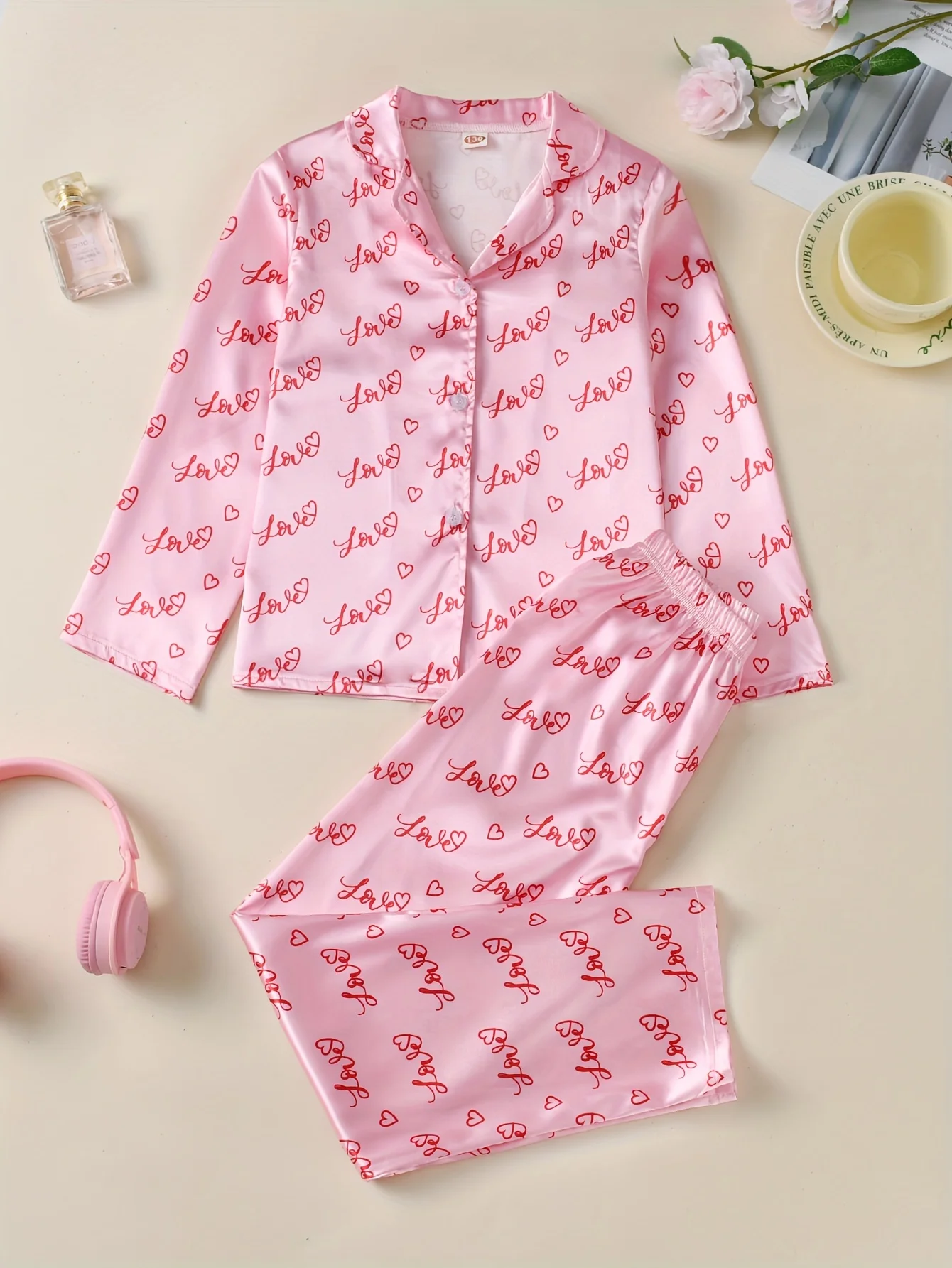 2-Piece Girls Satin Pajama Set - Soft Striped Print Button Up Lapel Collar Blouseand Pants for All-Season Sleepwear, Loungewear