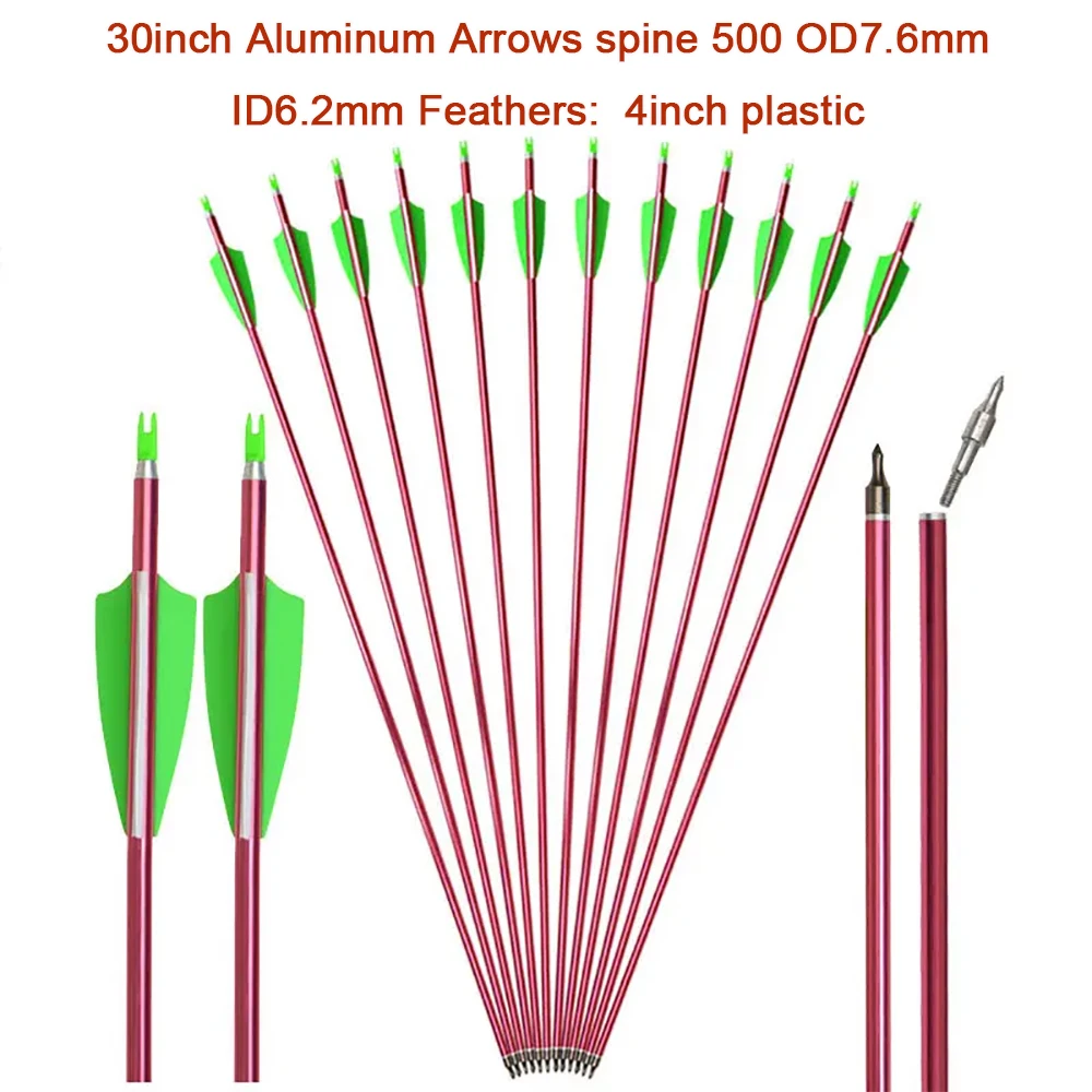 Aluminum Arrows  4 Inches Vanes Replace Tips spine500  OD7.6mm id 6.2mm for Hunting Compound Bow Hunting Shooting  12pcs 30inch