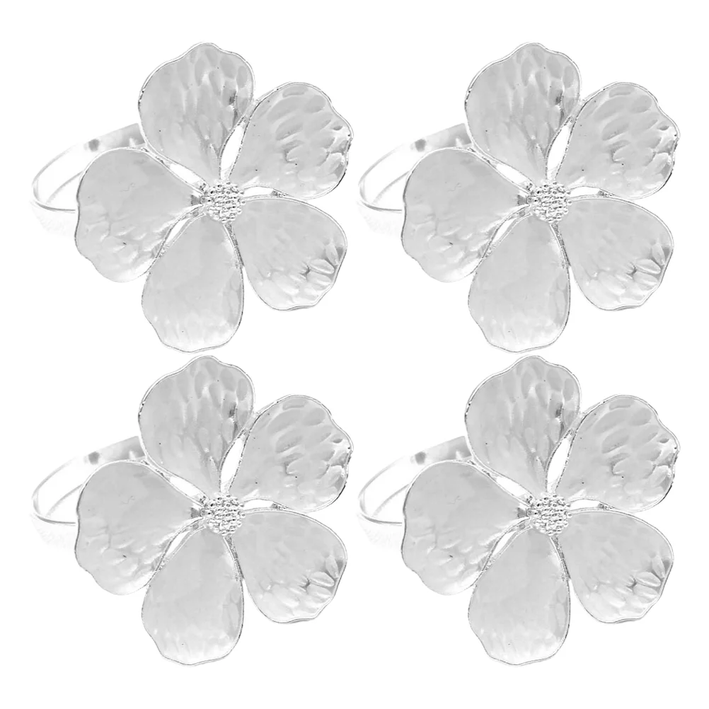 

4 Pcs Flower Napkin Rings Shape Buckle Decor Wedding Restaurant Christmas Decorative Metal Plating Silver Holder Banquet