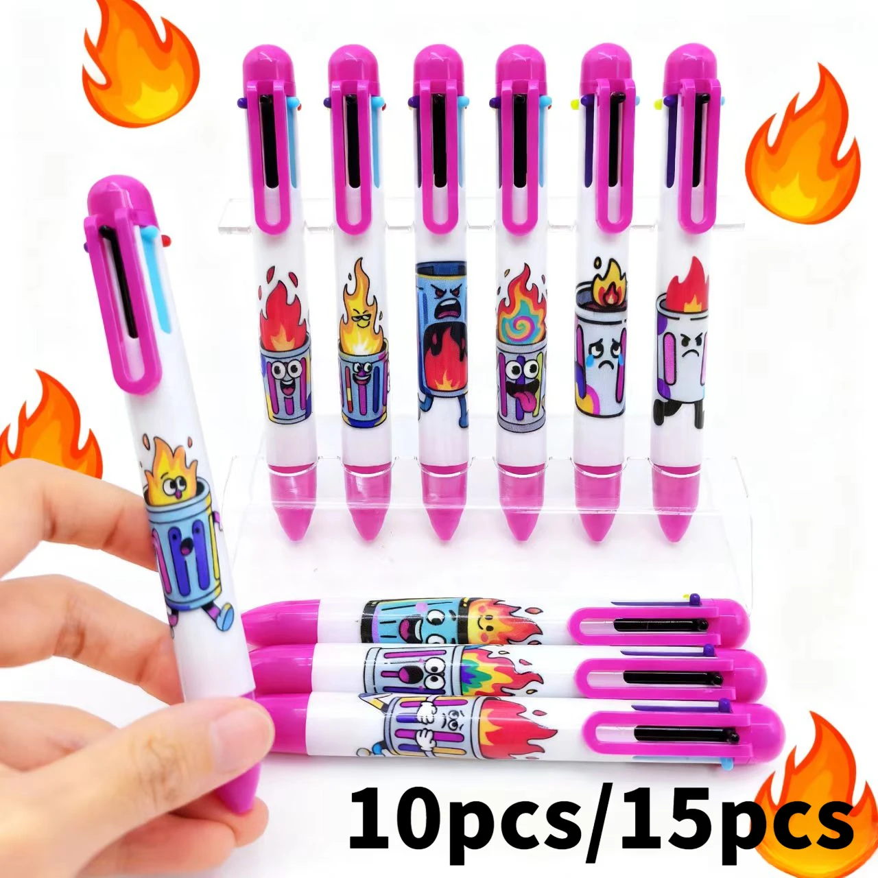

10pcs/15pcs Creative Fire Trash can Ballpoint Pen Flame Trash can Multi-color Press Pen Six-in-one Ballpoint Pen
