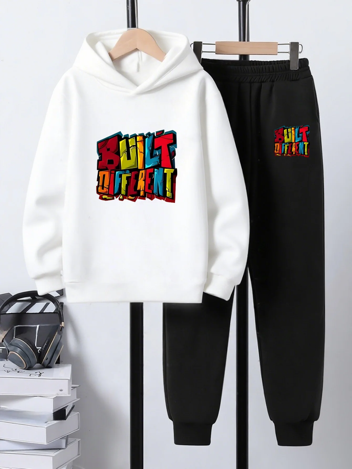 Fashionable Boys' Hoodie And Pants Set, Featuring a Unique 'BUILT DIFFERENT' Letter Print Hoodie, Ideal for Outdoor Sports And C