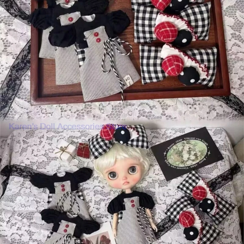 2pcs 2026 new style Black spliced fake two-piece dress+bow candy hairpin for Blythe(Fit for Lulu,ymy24,Ob22,24,26,zone, Jenny)