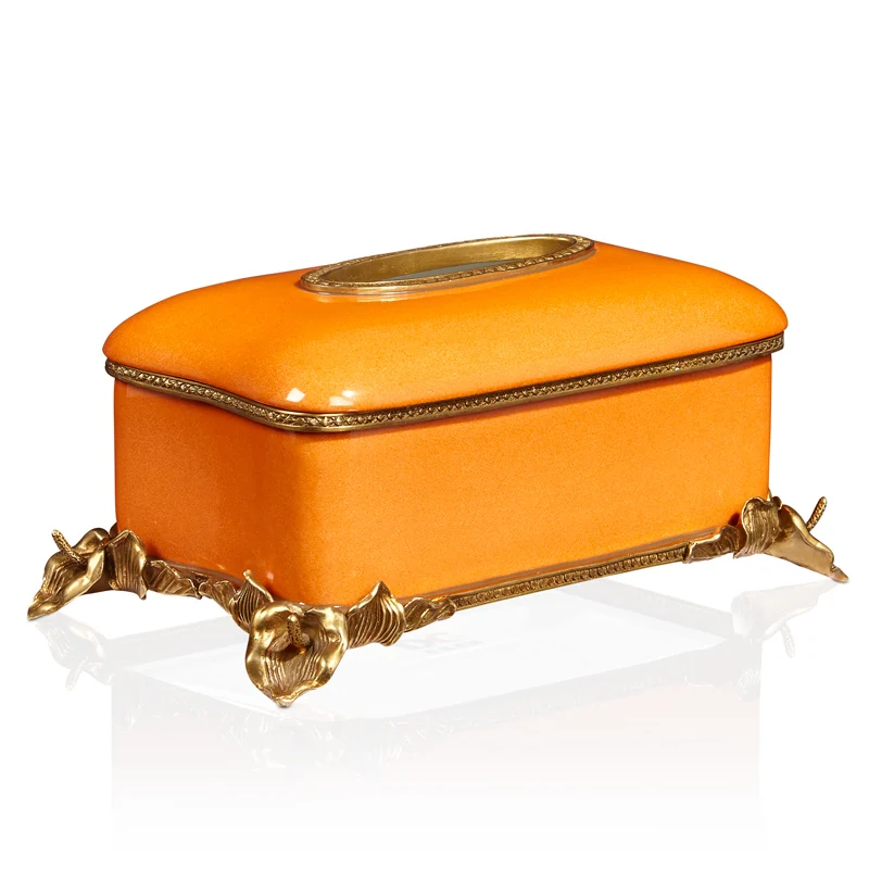 Caja de cerámica con papel decorativo de cobre, mesa de comedor de sala de estar, caja de pañuelos para el hogar, caja de servilletas, adorno naranja