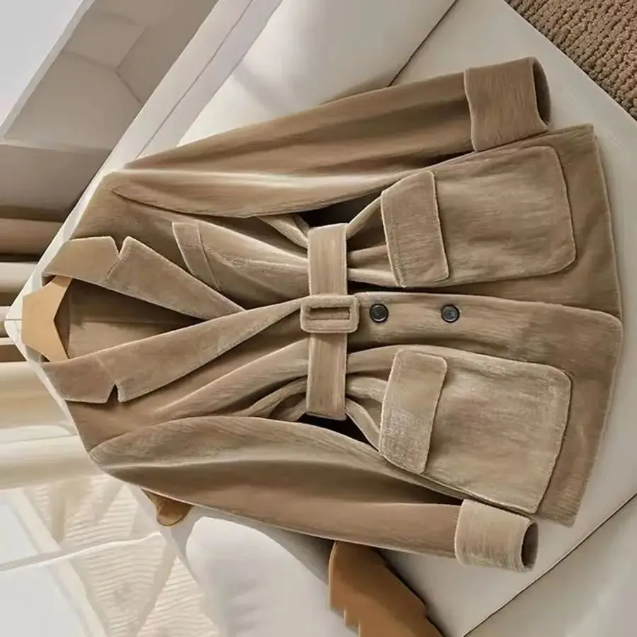 

Spring Autumn New Coffee Color Lapel Long-Sleeved Blazer Jacket Women's Slim Mid Long Gold Velvet Casual Suit Coat Ladies Tops