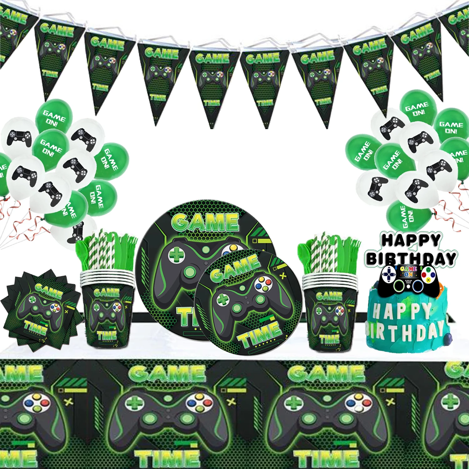 

Hot Green Video Game Birthday Party Decoration Disposable Tableware Kid Balloons Customize Background Paper Plates Tablecloth