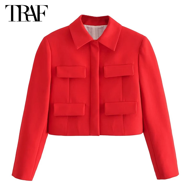 TRAF Red Women\'s Tailoring Blazers Button Cropped Blazer Women Streetwear New in Jackets Woman 2024 Holiday Short Blazer Woman