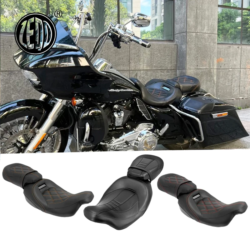 Fits Harley Touring Glide Road King Modified Passenger Front and Rear Connected Two-Person Leather Seat Cushion Saddlebag 09-25