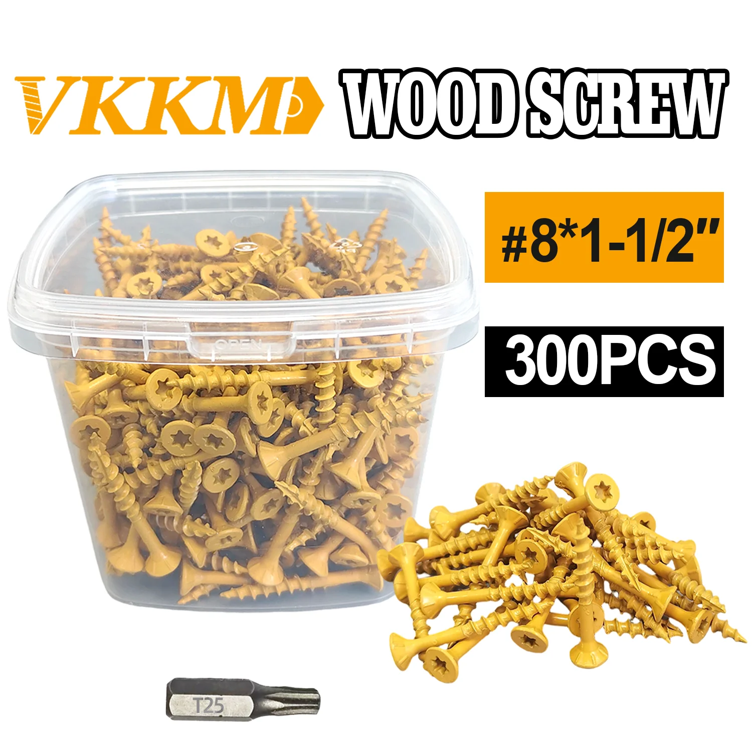 

VKKM #8*1-1/2 300Pcs Yellow Deck Wood Screw Countersunk Self-tapping Design, Suitable for Terrace, Fence and Frame Installation