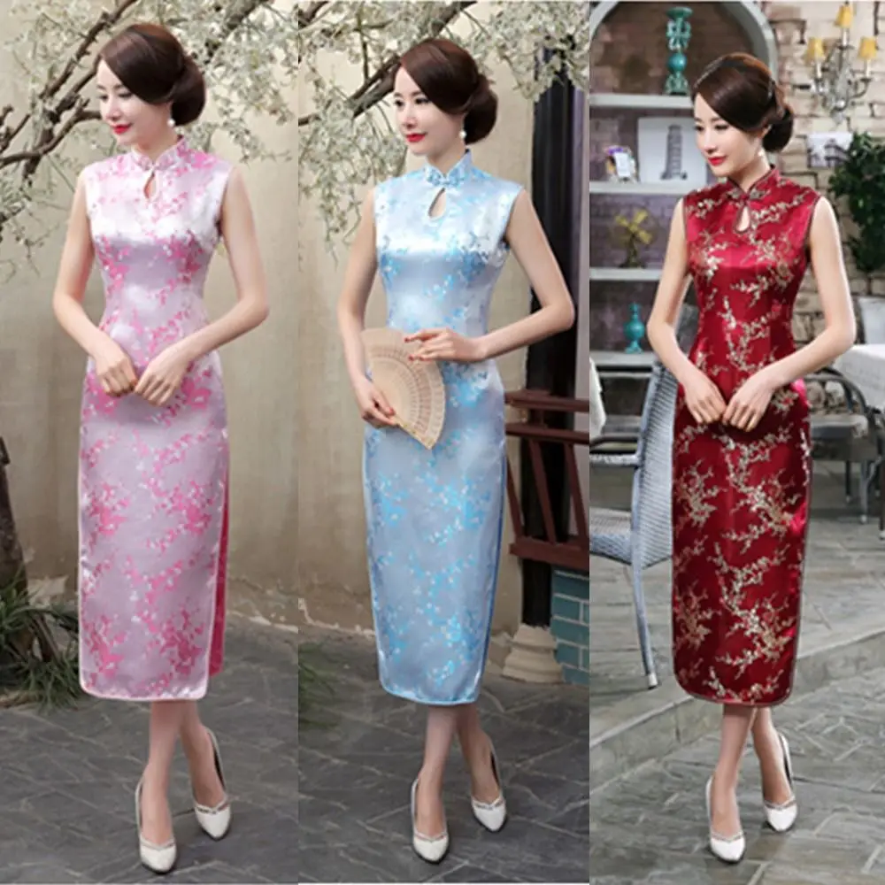 

Floral Print Cheongsam Dresses Chinese Style Vintage Bodycon Dresses Mandarin Collar Side Slit Traditional Clothing Women