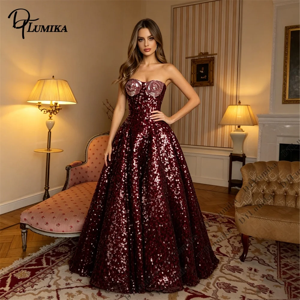 Robe de soirée longue DTLumika bordeaux à sequins, style princesse, sans bretelles, coupe trapèze, pour dîners caritatifs, bals de promo et Quinceañera