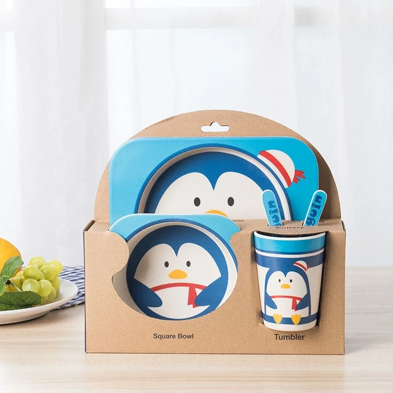 5pcs Dish Tableware Set Natural Bamboo Fiber Plates Set  Bowl  Cup Spoon Plate Fork Feeding Dishes for Kids Utensils Wholesale