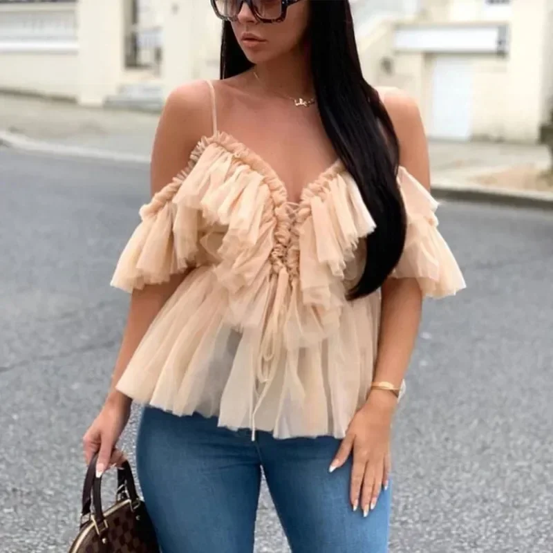 Women Sleeveless Long Cami Tank Top V Neck Solid Color Ruffles Mesh Sexy Fashion Camis Y2K