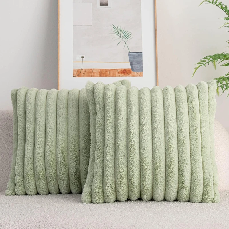 Pillow Cover Faux Rabbit Fur Square Cushion Big Thick Striped Super Soft Solid Color  45x45cm Sofa Decor Cushion Cover