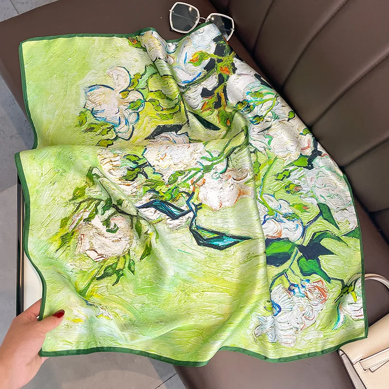 100% Natural Silk Scarf for Women Winter Vintage Green Print Headscarf Pure Real Silk Scarves Shawls Neck Foulard 70x70cm