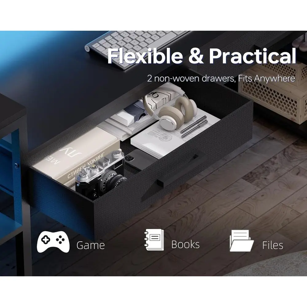 مكتب ألعاب أسود 58 مزود بإضاءة LED ومنافذ طاقة ودرجين للمكتب المنزلي والكمبيوتر الشخصي #5