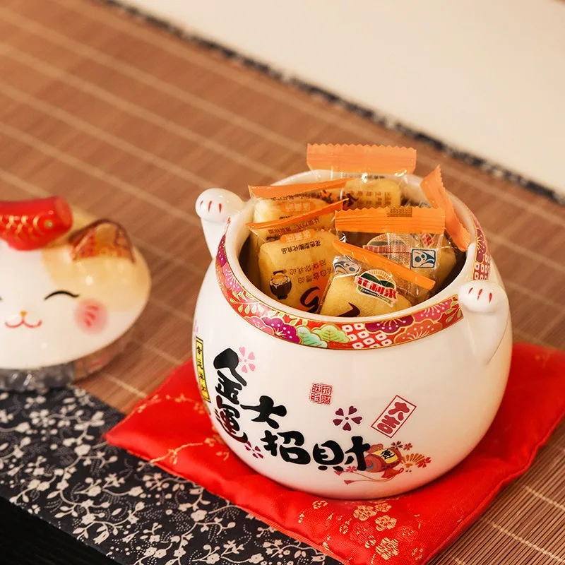 Japanese Lucky Cat Ceramic Airtight Jar Korean Cartoon Cat Storage Box Outdoor Home Portable Tea Canister Home Room Organizer 2