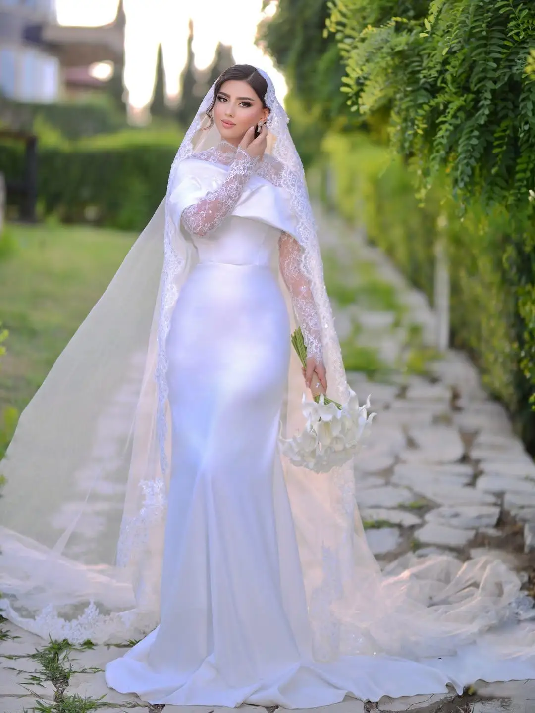 Customized Minimalist White Satin Bridal Gown Off Shoulder Fold Neck Sheer Lace Long Sleeve Wedding Dress Vestido Novia