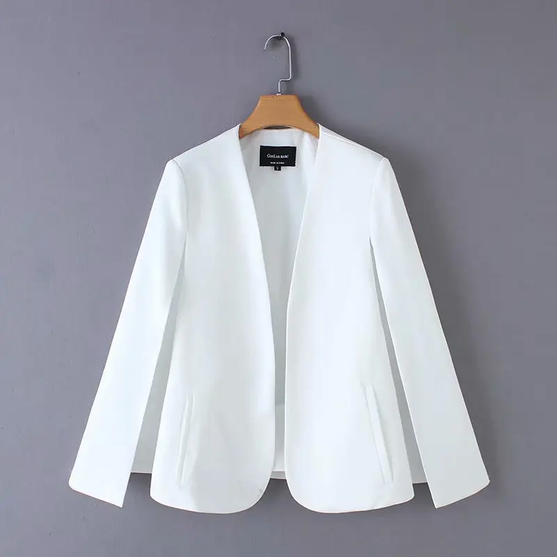 2024 Women elegant black white color v neck split casual cloak coat office lady wear outwear suit jacket open stitch tops CT237