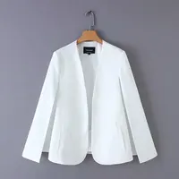2024 mujeres elegante color blanco negro cuello en v dividido casual capa abrigo Oficina señora desgaste prendas de vestir traje chaqueta tops de punto abierto CT237
