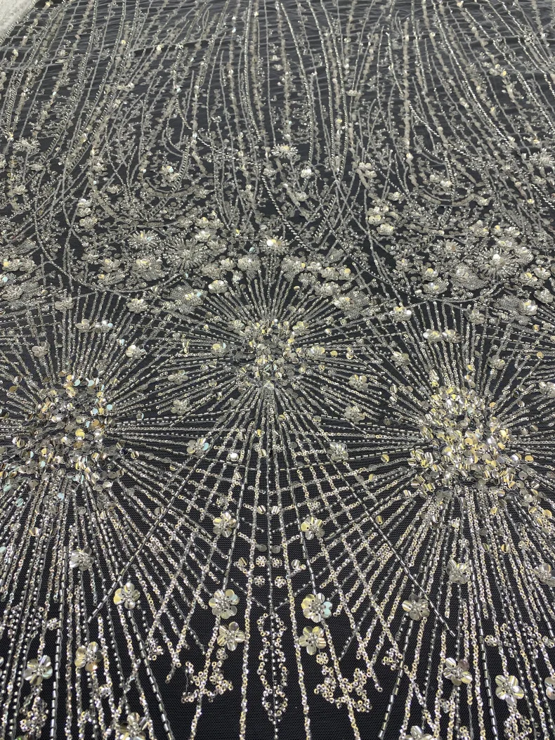 

Crystal Sequins & Beads Silvery Color Beading Lace Fabric Luxury Wedding Dress Material High Quality Beaded Lace 1 Yard