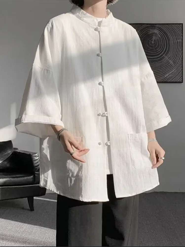 

Повседневная тонкая хлопково-льняная рубашка для мужчин, летняя, с рукавом 3/4, в китайском стиле Тан, свободного кроя, модная, с воротником на пуговицах