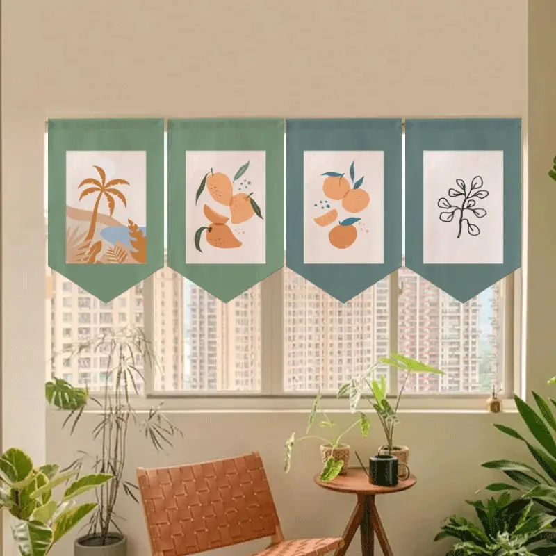 Ins Style Minimalist Bohemian Abstract Fruit And Vegetable Plant Triangle Hanging Flag Short Curtain Bedroom Kitchen Door Decor