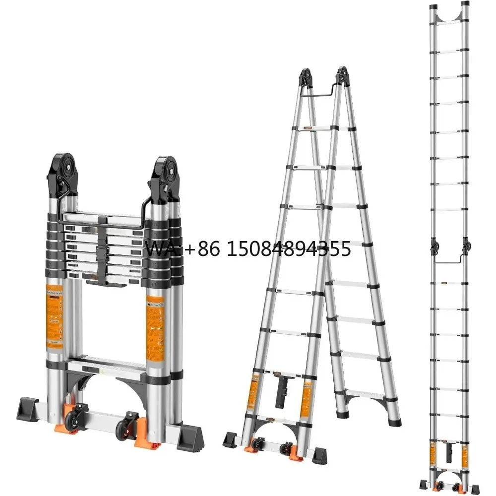 Deliladder Telescoping Aluminum Step Ladder 12.5 Ft Extension Ladder Balance Bar Wheels 2 Triangle Stabilizers 330 lb Capacity