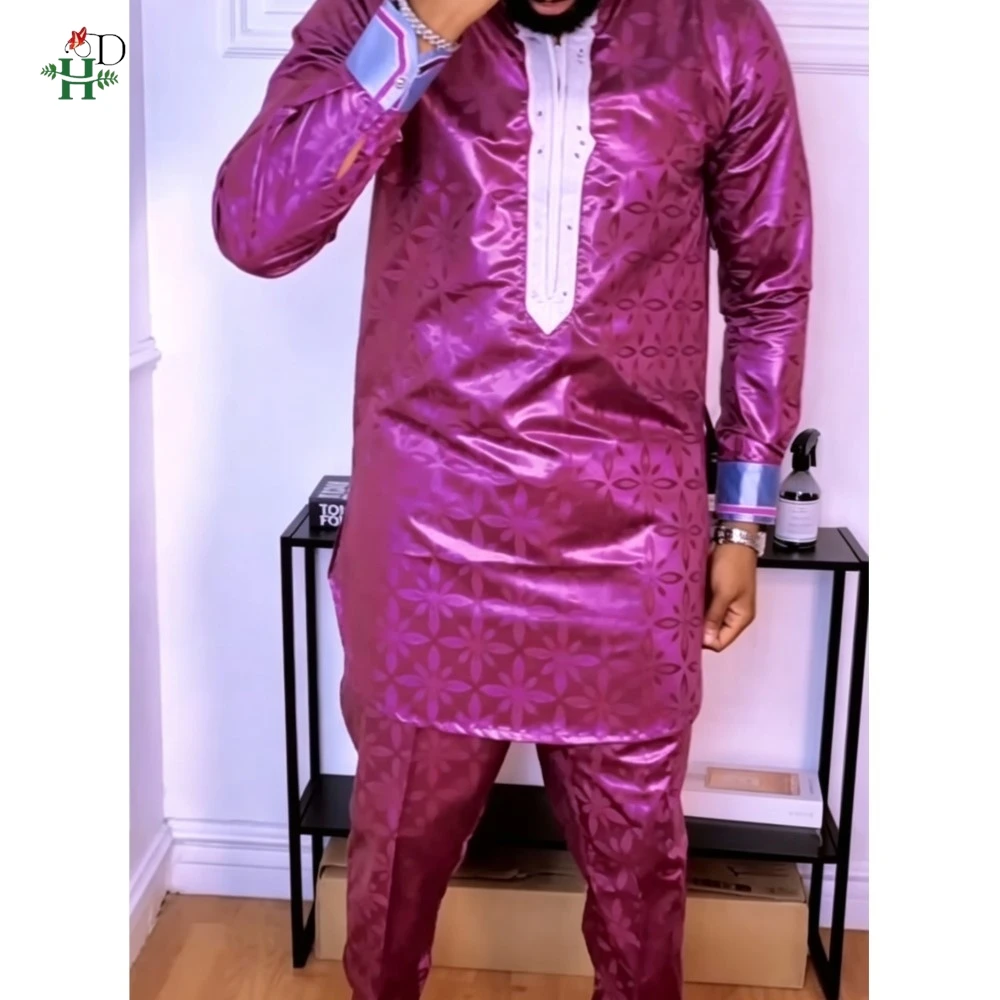 H&D 2026 Purple Bazin Riche Embroidery Plus Size African Clothing For Man Traditional Agbada Sets Dubai Thobe Wedding Party Suit