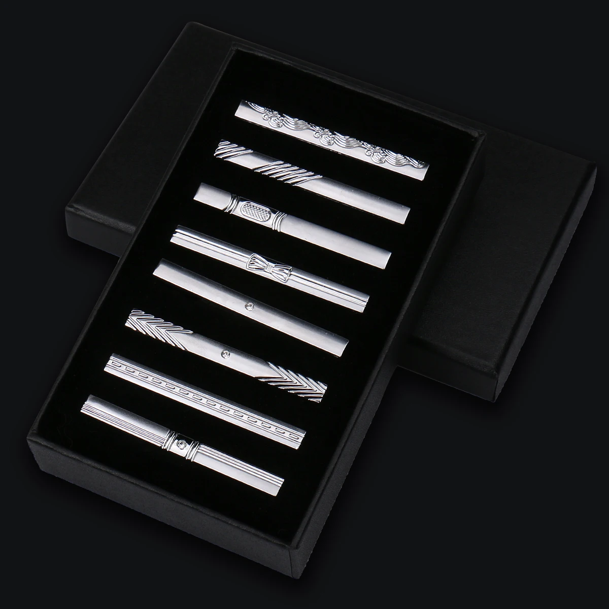 8 stuks dasspeldjes metaal diamant met doos voor mannen bruiloft heren stropdas clips set chroom roestvrij staal sieraden gentleman stropdassen pin