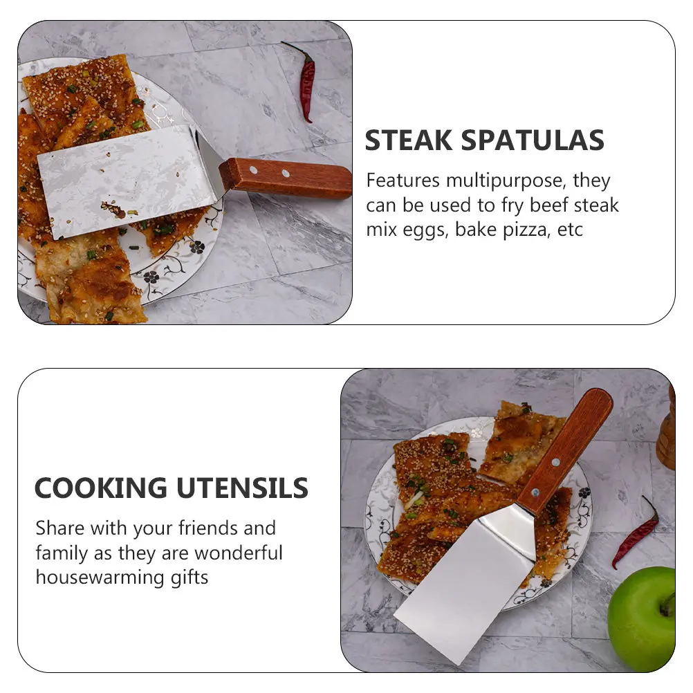 

Набор из 2 многофункциональных лопаток для пиццы из нержавеющей стали с деревянными ручками, кухонные лопатки для стейков, принадлежности для домашней кухни, лопатки из нержавеющей стали