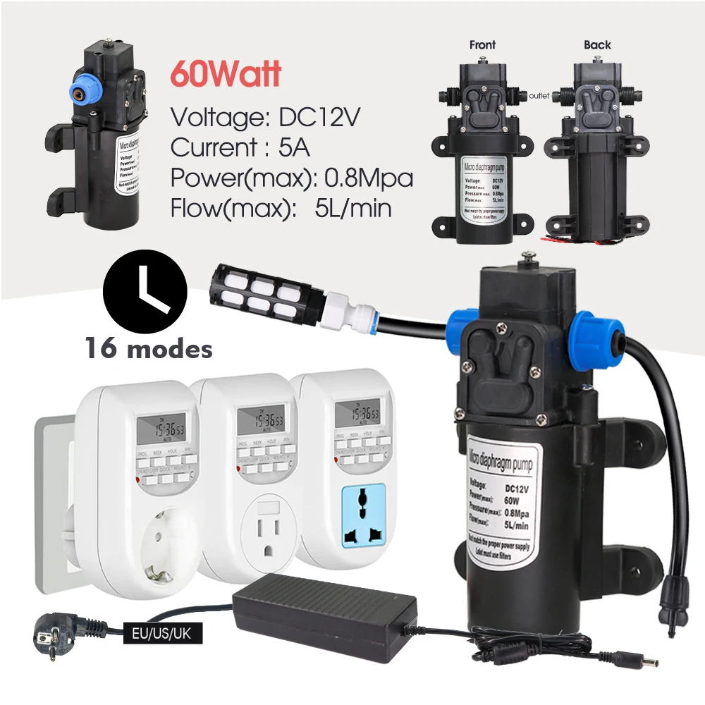 0.2MM 60W Pump Automatic Timing Misting Cooling System for Outdoor Garden Plants Sprayer Irrigation Kit Brass Fogging Nozzles