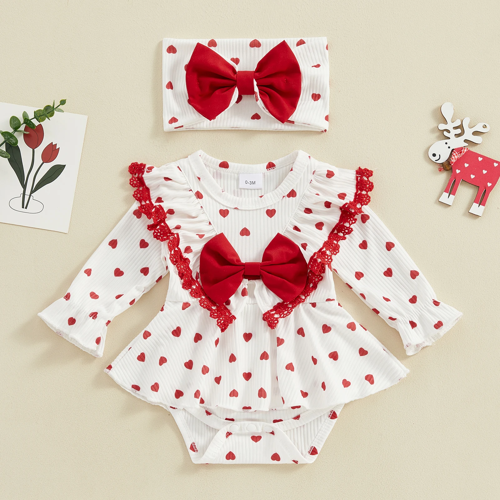 

Valentine´s Day Baby Girl Outfits Long Sleeve Heart Print Bow Romper with Headband Set Infant Clothes