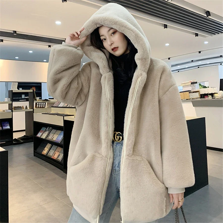 

Women Warm Thick Overcoat Plush Outwear Top Pink Elegant Fashion Korean Jackets Winter Mid-length Faux Rabbit Fur Hooded Coat