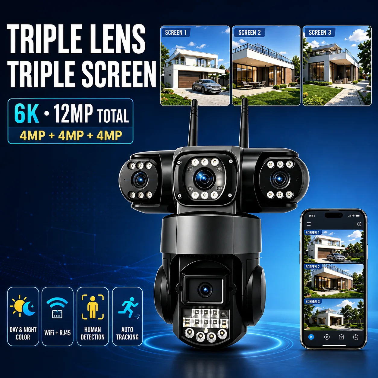 15MP 6K WiFi Outdoor Security Camera Triple Lens Three Screens 10X Zoom Wireless CCTV Video Surveillance IP Camera