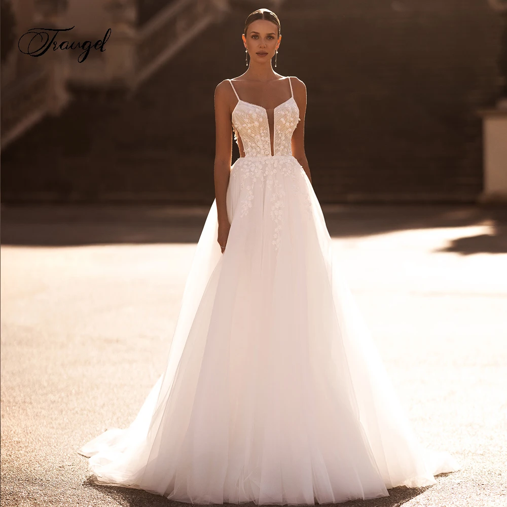 

Traugel Sexy Backless Sweetheart Spaghetti Straps Wedding Dresses Delicate Appliques Beaded Court Train A Line Bridal Gown