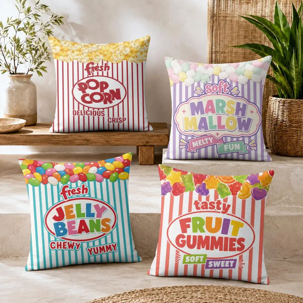 Candy Pattern Design Cushion Cover Summer Coolness Linen Organic Fabric Sofa Pillow Case Double-Sided Printing Home Decor