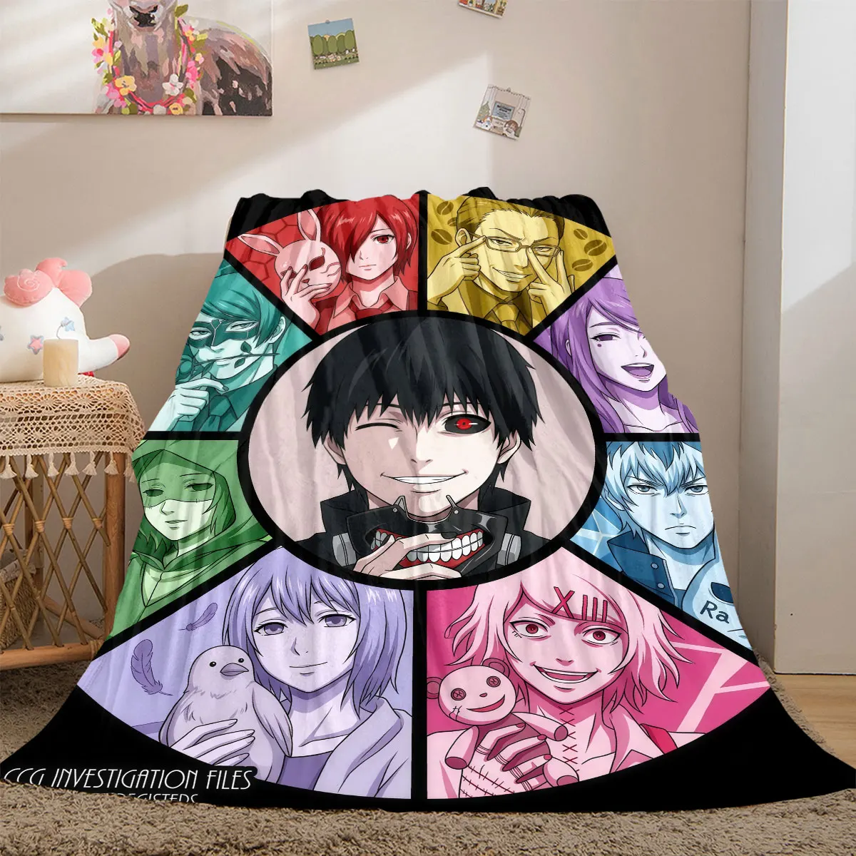 Tokyo Ghoul Unique 2D Cartoon Flannel Blanket, Warm Printed Throw for Chairs Bed, Travel Picnic Essentials_LIAN