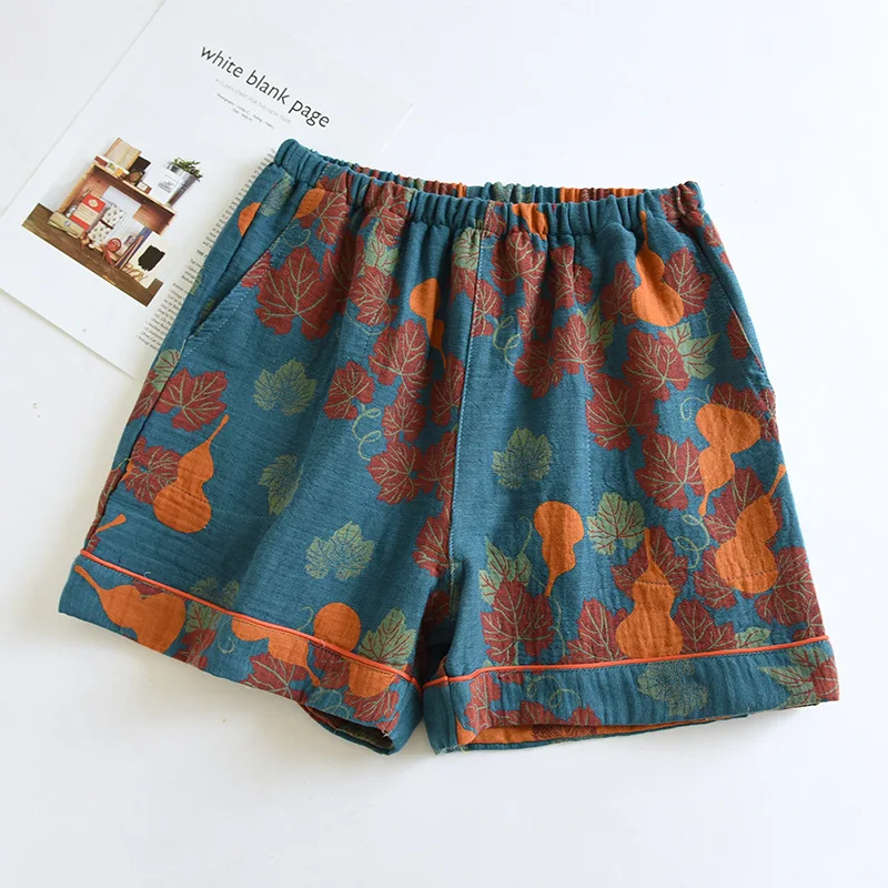 2026 Japanese Summer New Women's Shorts 100% Cotton Vintage Yarn Weaving Printed Sleepwear Thin Loose Pocket Shorts Home Pants