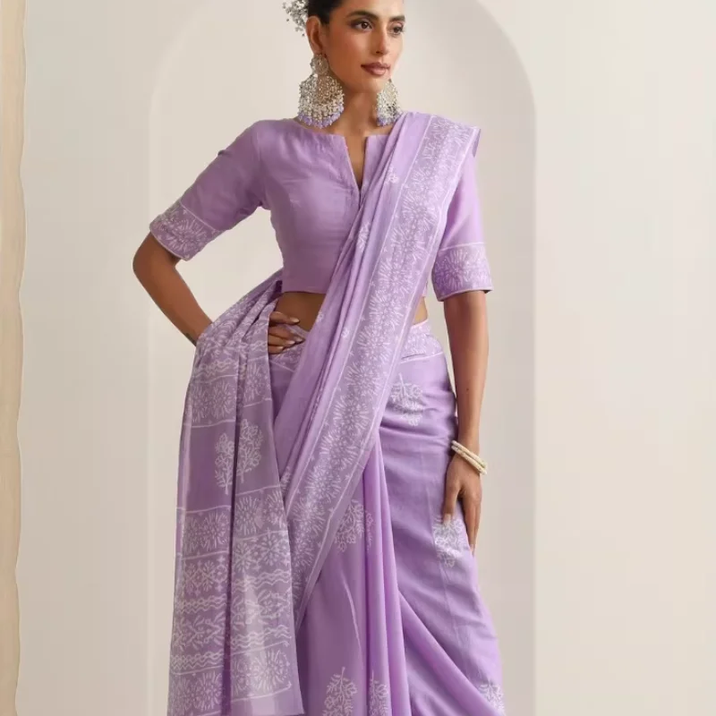 Indian Women's Thin Performance Printed Cotton Light Purple Sari