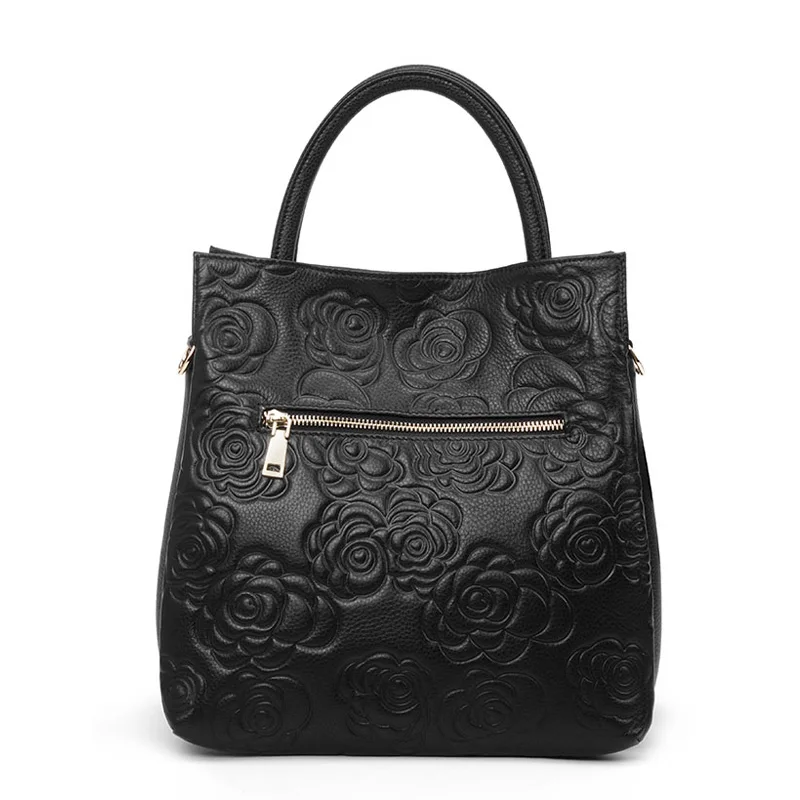 New floral embossed women\'s handbag with large capacity solid color bucket bag made of high-quality cowhide