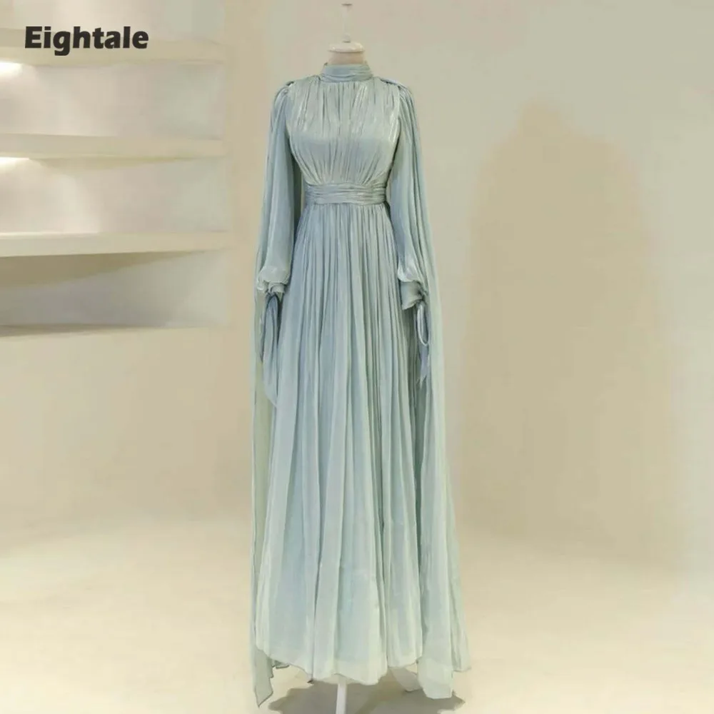 

Eightale Arabic Evening Dress High Neck Pleats Customized Muslim A-Line Floor Length Prom Wedding Party Gown Vestidos De Gala