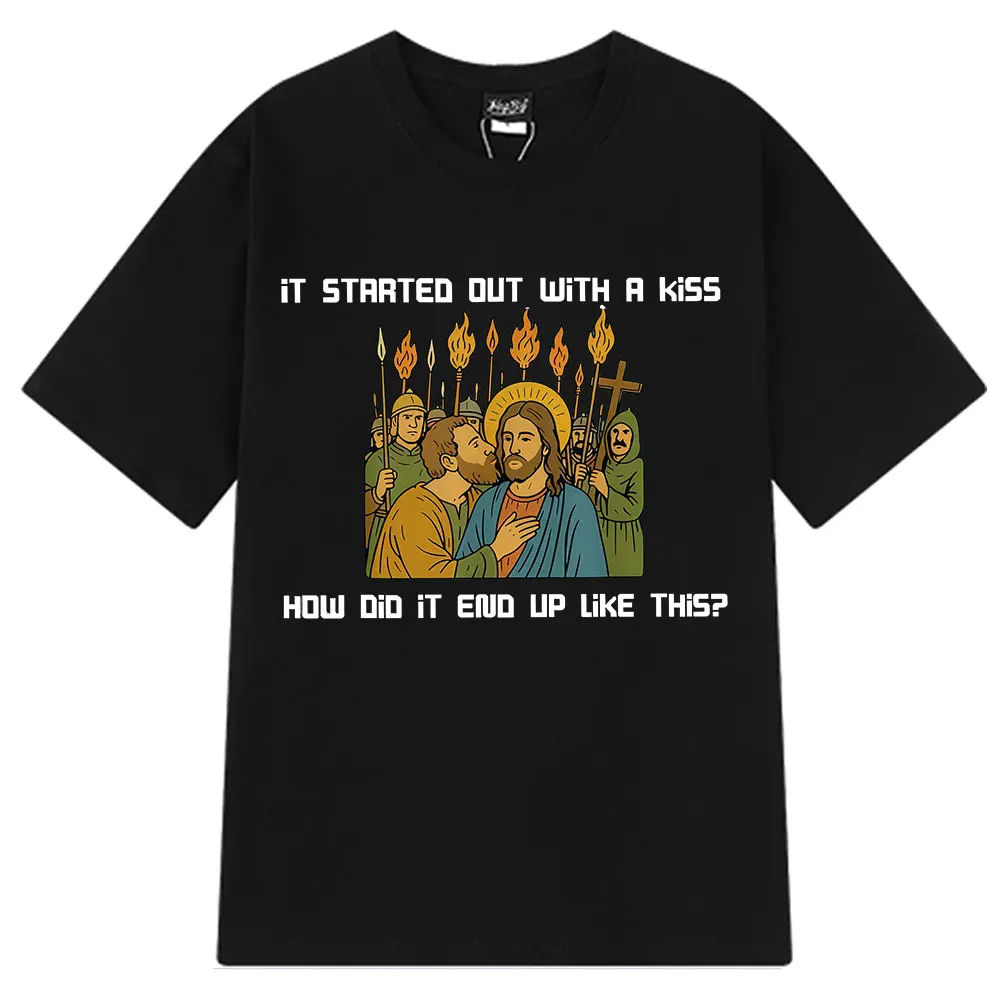 لقد بدأت بقبلة كيف ينتهي مثل للجنسين هذا مضحك ميمي تي شيرت الصيف القطن Harajuku عادية للجنسين تي شيرت