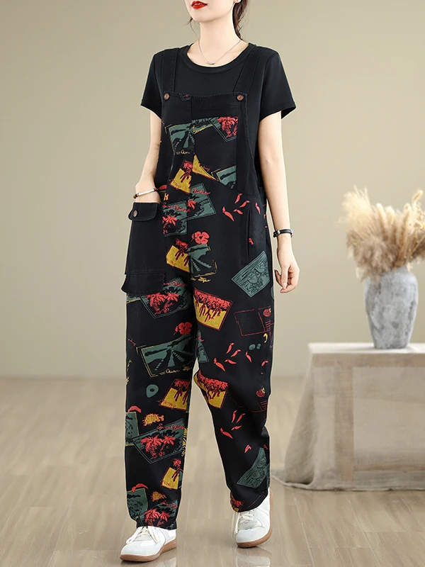 

Casual Denim Overalls Women's Summer Faion plus Size Meat Concealing Strap Pants High Waist Straight Leg Thin Model