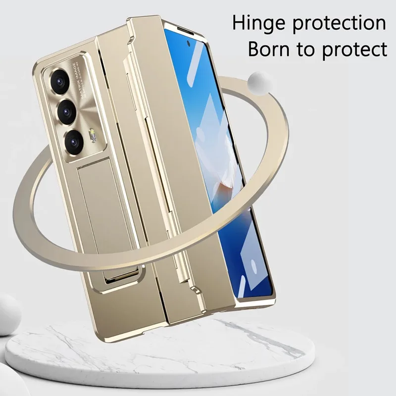 For Samsung Z Fold 6 5 4 3 Case Plated Flat Gold Armor Hinge Bracket Slot Glass Front Film Cover For Z Fold3 Fold4 Fold5 Fold6