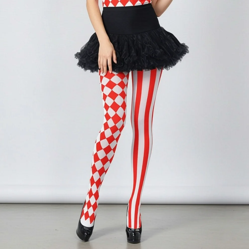 Women Split Pattern Pantyhose Vertical Striped Tights High Stretch Full Length Stockings Halloween Carnival Cosplay Costume