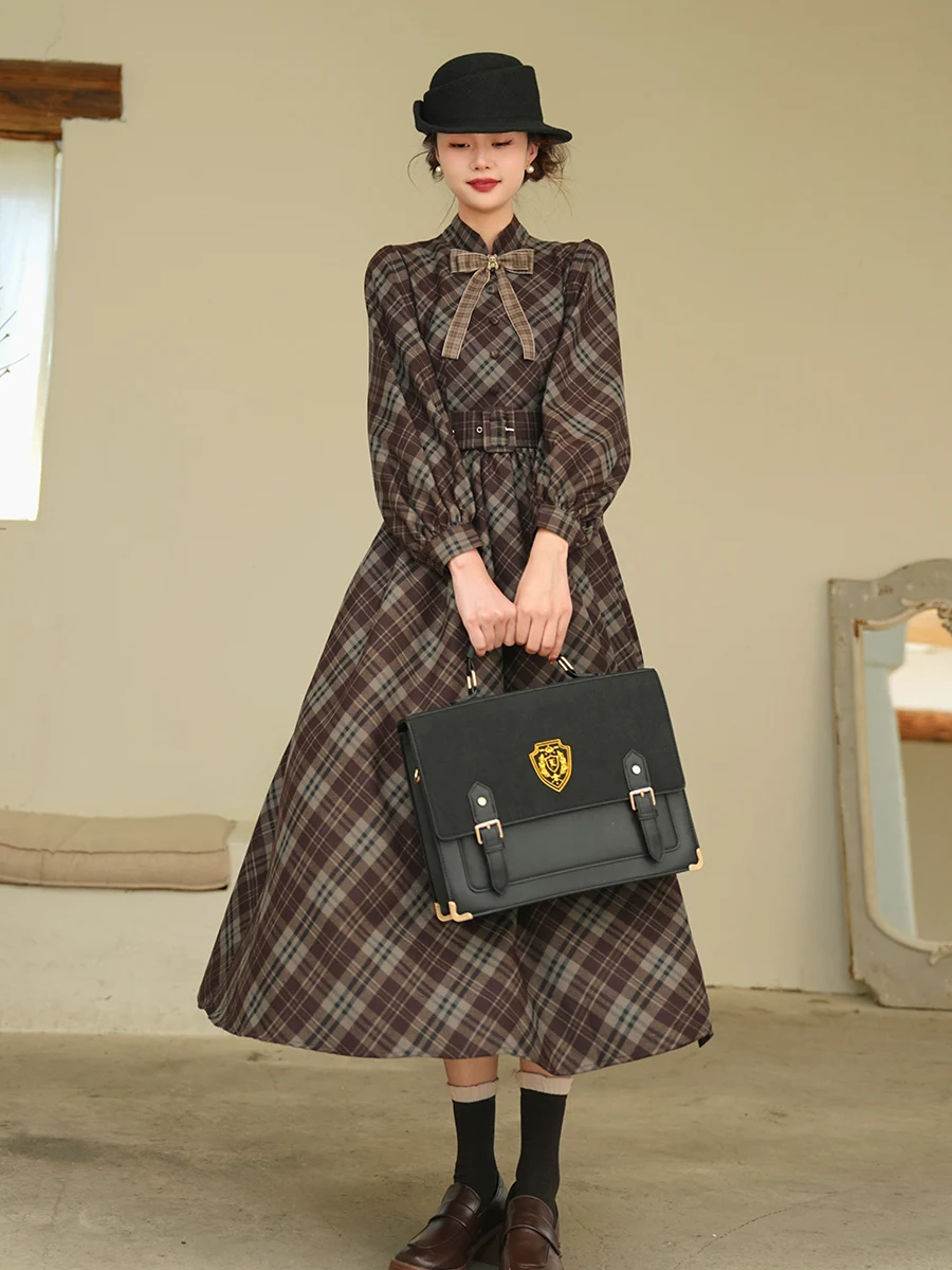 TIYIHAILEY женское зимне-осеннее клетчатое платье с длинными рукавами-фонариками, длинное женское платье до середины икры, S-XL, винтажное, с высокой талией, новинка 2023 г.