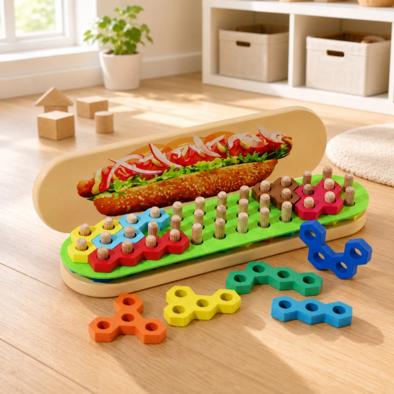 jeu-de-puzzle-en-bois-avec-pieces-a-enfoncer-favorisant-le-developpement-de-la-motricite-fine-puzzle-sur-le-theme-des-hot-dogs-tableau-d’apprentissage-geometrique-avec-boutons-jeu-interactif
