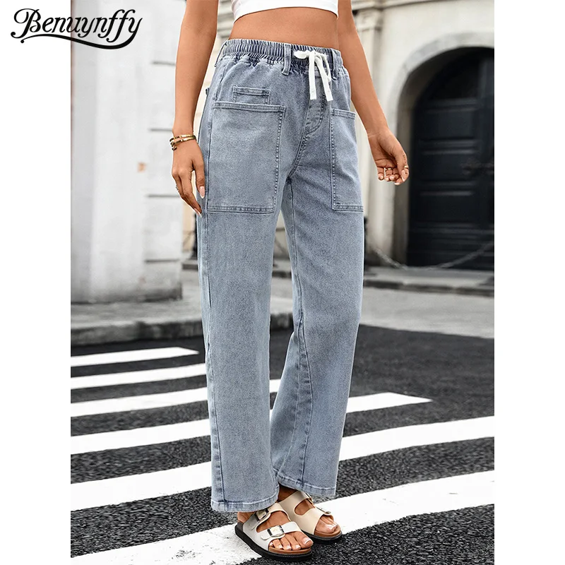 

Benuynffy Drawstring Elastic Waist Straight Leg Jeans Women Vintage Front Pocket Casual Washed Stretch Denim Wide Leg Pants