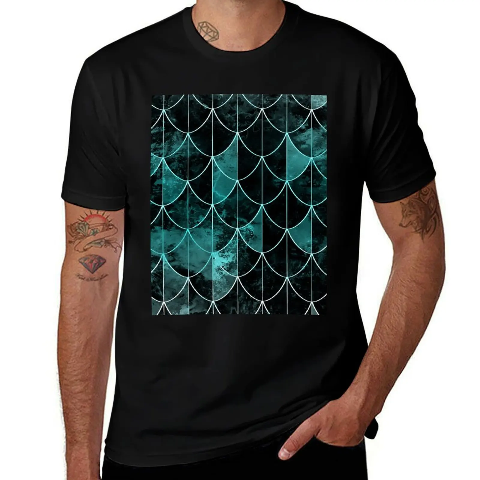 Mermaid scales. Mint and black. T-Shirt Sporty Casual Quick Dry T-Shirt